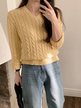 [S-L] Vネックケーブルコットンニット (11color)