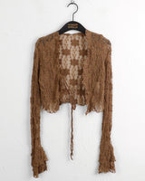 Sopop lace strap see-through flower cropped long-sleeved cardigan