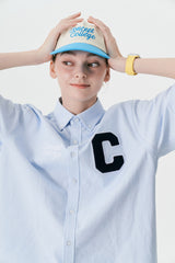 Cパッチユニセックス半袖オクスフォードシャツ / C Patch Short-Sleeved Unisex Sky blue Oxford Shirt