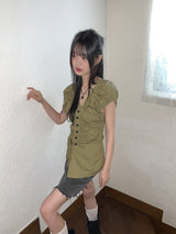 Blong V-Neck Shirring Pleated Puff Short-Sleeved Blouse