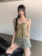 リペンチェックカップ付きシャーリングリボンストリングキャミソール / Lipen Check Cap-Included Shirring Ribbon String Sleeveless