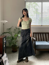 マーブルボタンポケットAラインロングデニムスカート/Muffled button pocket A-line long denim skirt