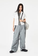 Cotton waist string wide cargo pants