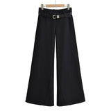 Belted semi bootcut slacks