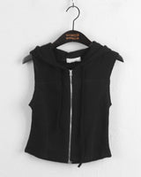 ワズスリムフィットワッフルツーウェイノースリーブベストクロップドフーディージップアップ / Waz Slim Fit Waffle Two-Way Sleeveless Vest Cropped Hoodie Zip-Up