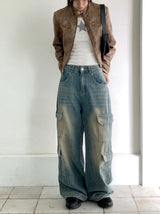Ant no collar biker washing cropped leather jacket
