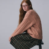 V-NECK CABLE KNIT PULLOVER, APRICOT