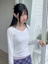 Riple Halter Layered V-Neck Cropped Long-Sleeved T-Shirt