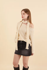 Off Shoulder Muffler Knit Set Cream
