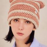 Square Label Stripe Crochet Beanie / Pink