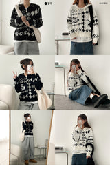 Porcelain Pattern Knitwear Hooded Zip-Up Cardigan