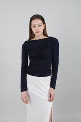 ドレープパフシャーリングTシャツ / Drape Puff Shirring T-shirt Navy