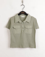 Moodle Pocket Color Matching Collar Short Sleeve T-shirt