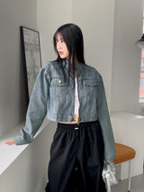 ピーバーツノーカラツーウェイジップクロップドデニムジャケット / Peeverts no-collar two-way zip cropped denim jacket