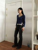 Jettyレイヤード配色Vネックトット長袖Tシャツ