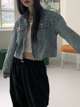 ピバーツノーカラーツーウェイジップクロップドデニムジャケット/ Peeverts no-collar two-way zip cropped denim jacket