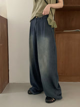Bupin summer fabric back-banding balloon Vintage washing long wide denim pants
