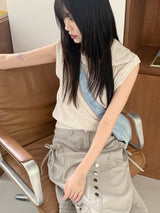 Carvil button ribbon shirring slit half length midi skirt