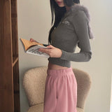 Keta Y2K リブ刺繍ファーパーカー長袖ジップアップカーディガン