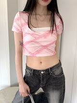 チョイカチェックツイストキンクハートネッククロップ半袖Tシャツ/Choika Check Twisted Twisted Heart Neck Cropped Short Sleeve T-shirt