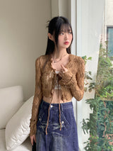 Sopop lace strap see-through flower cropped long-sleeved cardigan