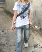y2k ブルーホワイトローズテイルTシャツ