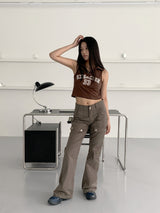プリント アイレット コルセット カラー ブラウン クロップドスリーブレス/Sez Printing Eyelet Corset Collar Brown Cropped Sleeveless